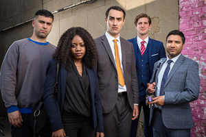 Stath Lets Flats. Image shows from L to R: Cem (David Mumeni), Nenna (Danielle Vitalis), Stath (Jamie Demetriou), Robbie (Tom Stourton), Anthony Stappan (Nick Mohammed). Copyright: Roughcut Television