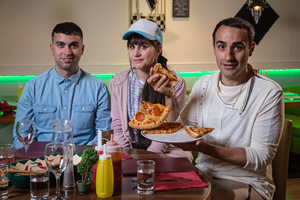 Stath Lets Flats. Image shows from L to R: Cem (David Mumeni), Sophie (Natasia Demetriou), Stath (Jamie Demetriou). Copyright: Roughcut Television