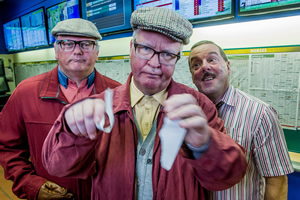 Still Game. Image shows from L to R: Walter Ingram (Gary Miller), Winston Ingram (Paul Riley), Stevie the Bookie (Matt Costello). Copyright: The Comedy Unit