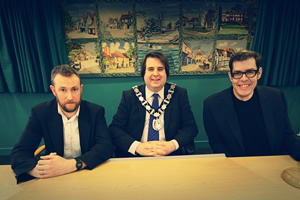 Taskmaster. Image shows from L to R: Alex Horne, Peter Hudson, Richard Osman