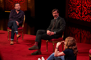 Taskmaster. Image shows from L to R: Lee Mack, Mike Wozniak, Sarah Kendall. Copyright: Avalon Television