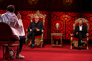 Taskmaster. Image shows from L to R: Lee Mack, Greg Davies, Alex Horne. Copyright: Avalon Television