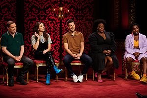 Taskmaster. Image shows from L to R: Ardal O'Hanlon, Bridget Christie, Chris Ramsey, Judi Love, Sophie Duker