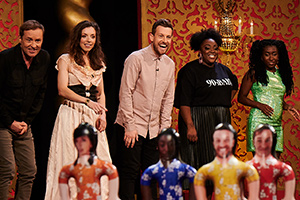 Taskmaster. Image shows from L to R: Ardal O'Hanlon, Bridget Christie, Chris Ramsey, Judi Love, Sophie Duker