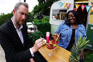 Taskmaster. Image shows from L to R: Alex Horne, Judi Love