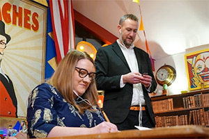 Taskmaster. Image shows left to right: Sarah Millican, Alex Horne