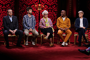 Taskmaster. Image shows left to right: Frankie Boyle, Ivo Graham, Jenny Eclair, Kiell Smith-Bynoe, Mae Martin