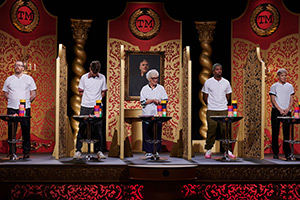 Taskmaster. Image shows left to right: Frankie Boyle, Ivo Graham, Jenny Eclair, Kiell Smith-Bynoe, Mae Martin