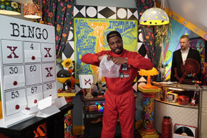 Taskmaster. Image shows left to right: Kiell Smith-Bynoe, Alex Horne