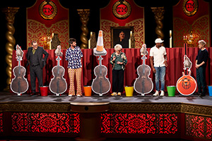 Taskmaster. Image shows left to right: Frankie Boyle, Ivo Graham, Jenny Eclair, Kiell Smith-Bynoe, Mae Martin