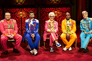 Taskmaster. Image shows left to right: Frankie Boyle, Ivo Graham, Jenny Eclair, Kiell Smith-Bynoe, Mae Martin