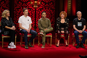 Taskmaster. Image shows left to right: Joanne McNally, John Robins, Nick Mohammed, Sophie Willan, Steve Pemberton