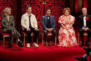 Taskmaster. Image shows left to right: Joanne McNally, John Robins, Nick Mohammed, Sophie Willan, Steve Pemberton