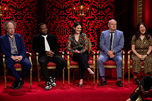 Taskmaster. Image shows left to right: Andy Zaltzman, Babatunde Aléshé, Emma Sidi, Jack Dee, Rosie Jones