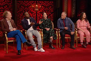 Taskmaster. Image shows left to right: Andy Zaltzman, Babatunde Aléshé, Emma Sidi, Jack Dee, Rosie Jones