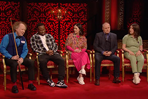 Taskmaster. Image shows left to right: Andy Zaltzman, Babatunde Aléshé, Emma Sidi, Jack Dee, Rosie Jones