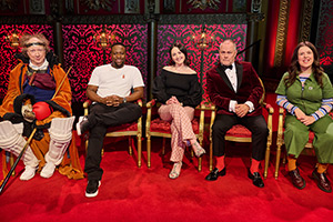 Taskmaster. Image shows left to right: Andy Zaltzman, Babatunde Aléshé, Emma Sidi, Jack Dee, Rosie Jones