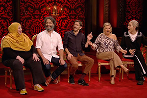 Taskmaster. Image shows left to right: Fatiha El-Ghorri, Jason Mantzoukas, Mathew Baynton, Rosie Ramsey, Stevie Martin