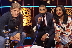 The Tez O'Clock Show. Image shows from L to R: John Bishop, Tez Ilyas, Sindhu Vee