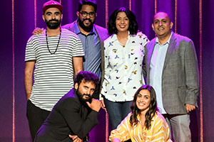 The Big Asian Stand-Up. Image shows from L to R: Tez Ilyas, Nish Kumar, Eshaan Akbar, Isma Almas, Emily Lloyd Saini, Anuvab Pal. Copyright: BBC