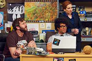 The IT Crowd. Image shows from L to R: Roy (Chris O'Dowd), Moss (Richard Ayoade), Jen (Katherine Parkinson). Copyright: TalkbackThames