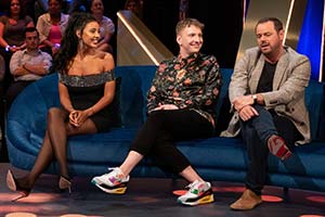 The Lateish Show With Mo Gilligan. Image shows from L to R: Maya Jama, Joe Lycett, Danny Dyer