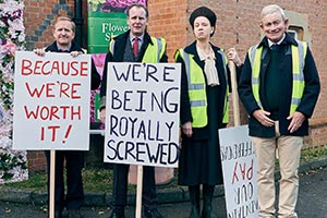 The Windsors. Image shows from L to R: Edward (Matthew Cottle), Andrew (Tim Wallers), Princess Anne (Vicki Pepperdine), Charles (Harry Enfield). Copyright: Noho Film and TV