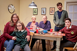 There She Goes. Image shows from L to R: Emily (Jessica Hynes), Rosie (Miley Locke), Grandma (Serena Evans), Gandalf (Nigel Planer), Simon (David Tennant), Ben (Edan Hayhurst). Copyright: Merman