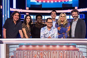 There's Something About Movies. Image shows from L to R: Micky Flanagan, Jessica Brown Findlay, Lolly Adefope, Alan Carr, Jimmy Carr, Roisin Conaty, Michael Sheen. Copyright: CPL Productions