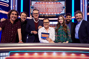 There's Something About Movies. Image shows from L to R: Micky Flanagan, Jonathan Ross, Rupert Everett, Alan Carr, Lily Collins, Nish Kumar, Michael Sheen