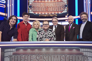 There's Something About Movies. Image shows from L to R: Micky Flanagan, Phil Wang, Jennifer Saunders, Alan Carr, Matthew Broderick, Tom Allen, Michael Sheen