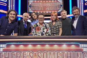 There's Something About Movies. Image shows from L to R: Micky Flanagan, Tom Allen, Emily Mortimer, Alan Carr, Miranda Richardson, Rob Beckett, Michael Sheen