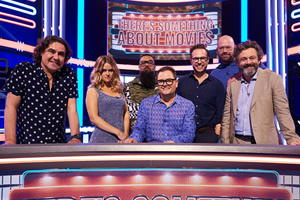 There's Something About Movies. Image shows from L to R: Micky Flanagan, Alice Eve, Guz Khan, Alan Carr, Rafe Spall, Tom Davis, Michael Sheen