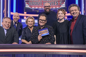 There's Something About Movies. Image shows from L to R: Warwick Davis, Tom Allen, Jennifer Saunders, Alan Carr, Tom Davis, Alice Levine, Michael Sheen