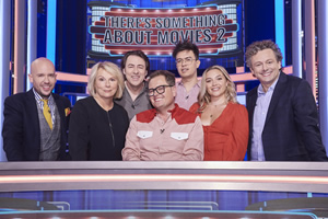 There's Something About Movies. Image shows from L to R: Tom Allen, Jennifer Saunders, Jonathan Ross, Alan Carr, Phil Wang, Florence Pugh, Michael Sheen