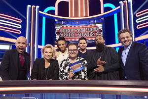 There's Something About Movies. Image shows from L to R: Tom Allen, Jennifer Saunders, Hannah John-Kamen, Alan Carr, Matt Dillon, Guz Khan, Michael Sheen