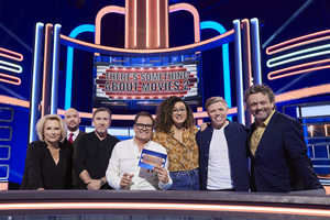 There's Something About Movies. Image shows from L to R: Jennifer Saunders, Tom Allen, Tim Roth, Alan Carr, Rose Matafeo, Rob Beckett, Michael Sheen