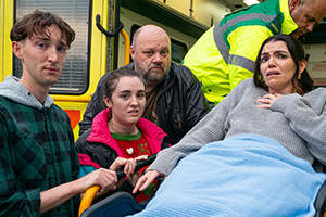 Things You Should Have Done. Image shows left to right: Lucas (Jamie Bisping), Chi (Lucia Keskin), Dave (Daniel Fearn), Auntie Karen (Selin Hizli)