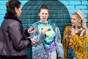 Things You Should Have Done. Image shows left to right: Auntie Karen (Selin Hizli), Chi (Lucia Keskin), Michelle (Sinead Matthews)