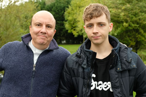 This Country. Image shows from L to R: Reverend Francis Seaton (Paul Chahidi), Jacob Seaton (Gerran Howell). Copyright: BBC