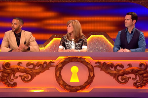 Through The Keyhole. Image shows from L to R: Marvin Humes, Kate Garraway, Jimmy Carr. Copyright: Talkback