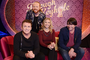 Through The Keyhole. Image shows from L to R: Shane Richie, Leigh Francis, Rachel Riley, Alex James. Copyright: Talkback