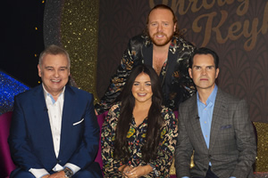 Through The Keyhole. Image shows from L to R: Eamonn Holmes, Scarlett Moffatt, Leigh Francis, Jimmy Carr. Copyright: Talkback