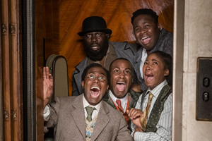 Timewasters. Image shows from L to R: Nick (Daniel Lawrence Taylor), Curtis (Kevin Garry), Jason (Kadiff Kirwan), Horace (Samson Kayo), Lauren (Adelayo Adedayo). Copyright: Big Talk Productions