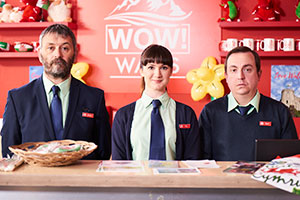 Tourist Trap. Image shows from L to R: Gwilyn (Tudur Owen), Amy (Sara Gregory), Mark (Sion Pritchard). Copyright: BBC