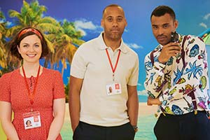 Tourist Trap. Image shows from L to R: Gwen (Eleri Morgan), Rob (Leroy Brito), Iestyn (Lloyd Everitt). Copyright: The Comedy Unit