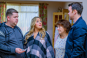 Two Doors Down. Image shows from L to R: Alan (Graeme Stevely), Michelle (Joy McAvoy), Beth (Arabella Weir), Michael (Martin McCormick)