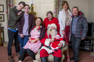 Two Doors Down. Image shows from L to R: Gordon (Kieran Hodgson), Ian (Jamie Quinn), Beth (Arabella Weir), Christine (Elaine C. Smith), Eric (Alex Norton), Cathy (Doon Mackichan), Colin (Jonathan Watson). Copyright: BBC