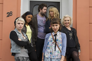 Uncle. Image shows from L to R: Gwen (Sydney Rae White), Shelly (Nina Toussaint-White), Andy (Nick Helm), Sam (Daisy Haggard), Melodie (Esther Smith), Suzy (Sandra Dickinson). Copyright: Baby Cow Productions