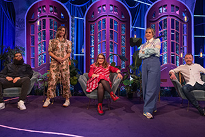 Mel Giedroyc: Unforgivable. Image shows from L to R: Jamali Maddix, Lou Sanders, Sarah Millican, Mel Giedroyc, Chris McCausland